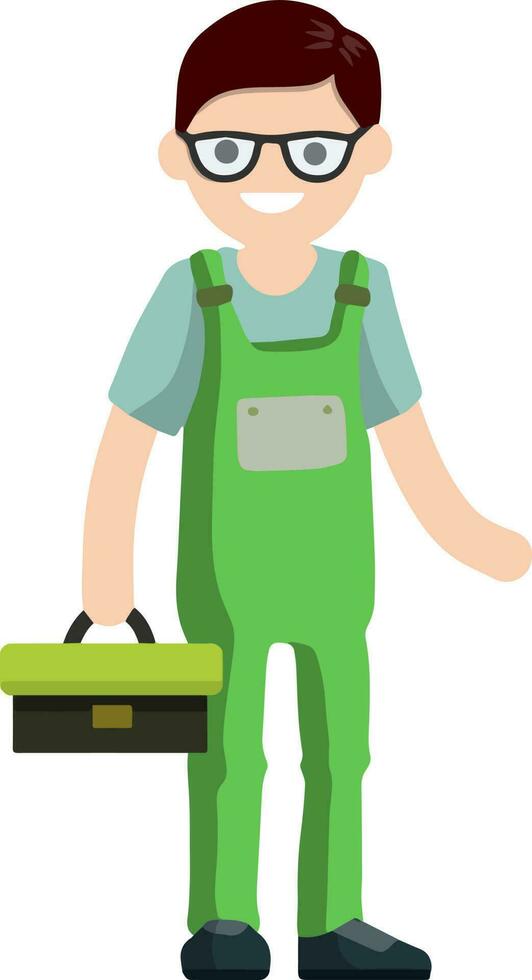 Cartoon illustration - technician man in uniform. young boy worker. Male mechanic witht ool box. repair specialist guy with equipment vector