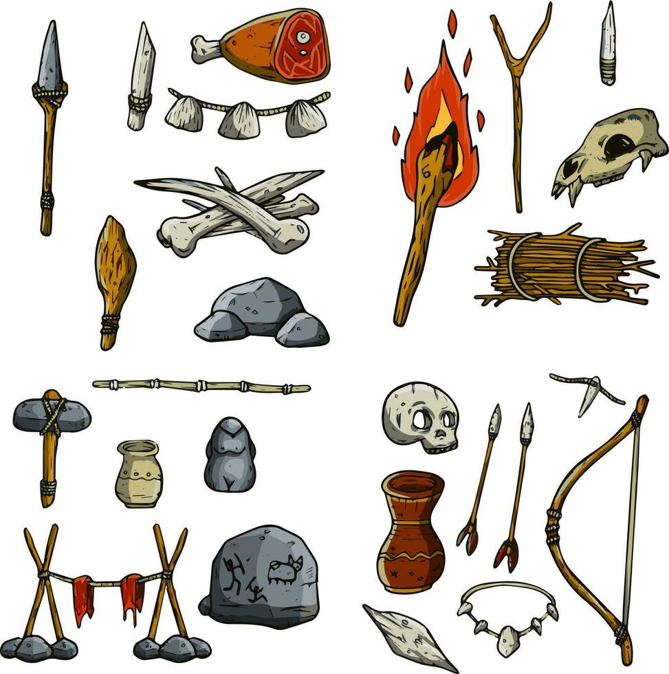 Set of items of primitive man and hunter. Weapons of caveman. Stone age hammer, axe and club. Lifestyle and tool. Cartoon illustration vector