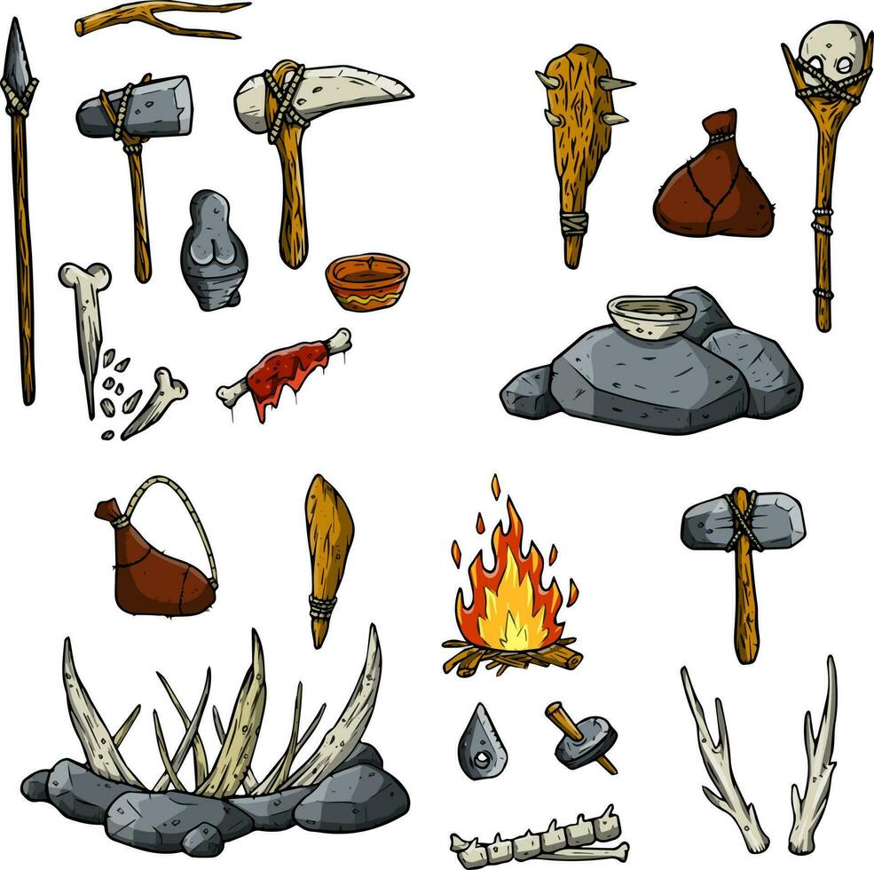 Set Of Items Of Primitive Man And Hunter. Weapons Of Caveman. Stone Age  Hammer, Ax And Club. Lifestyle And Tool. Cartoon Illustration Royalty Free  SVG, Cliparts, Vectors, and Stock Illustration. Image 200261277.