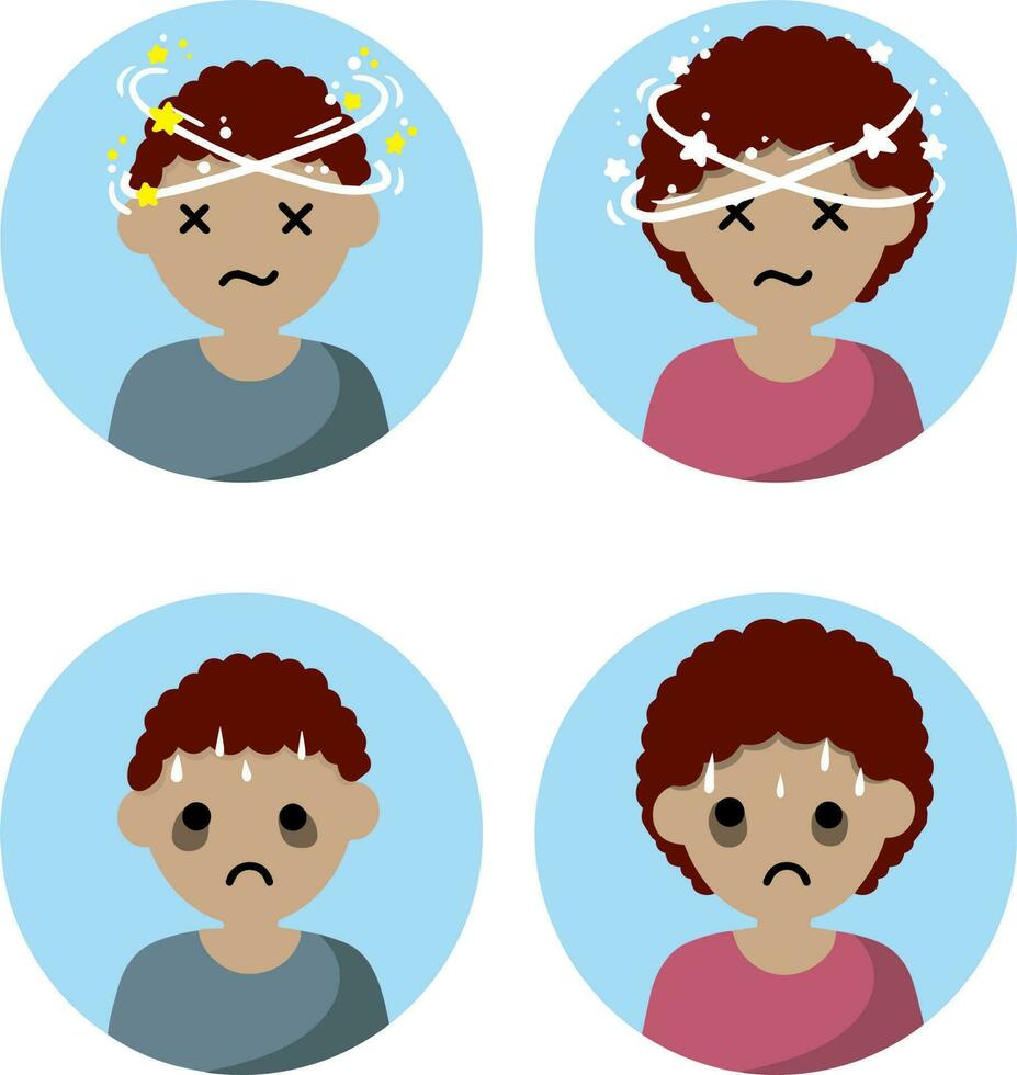 Dizziness and nausea. Painful and Weak condition of man and woman. Comic star spinning around head. Sweating and depression. Health problem flat icon vector