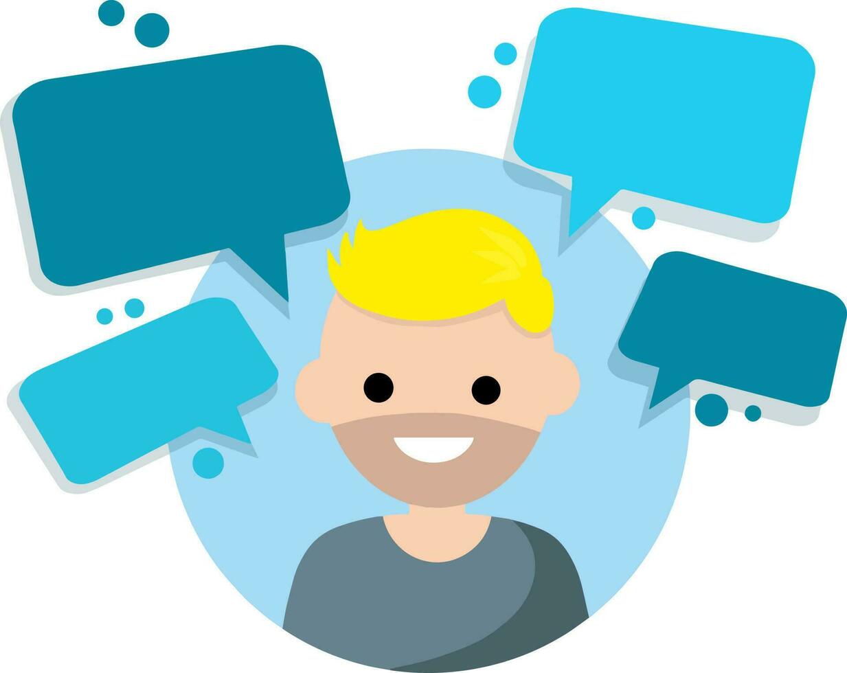 Young man and chat. Avatar of the boy in the circle for the app. Flat cartoon Cloud text bubble dialog. Conversation and Talk. vector