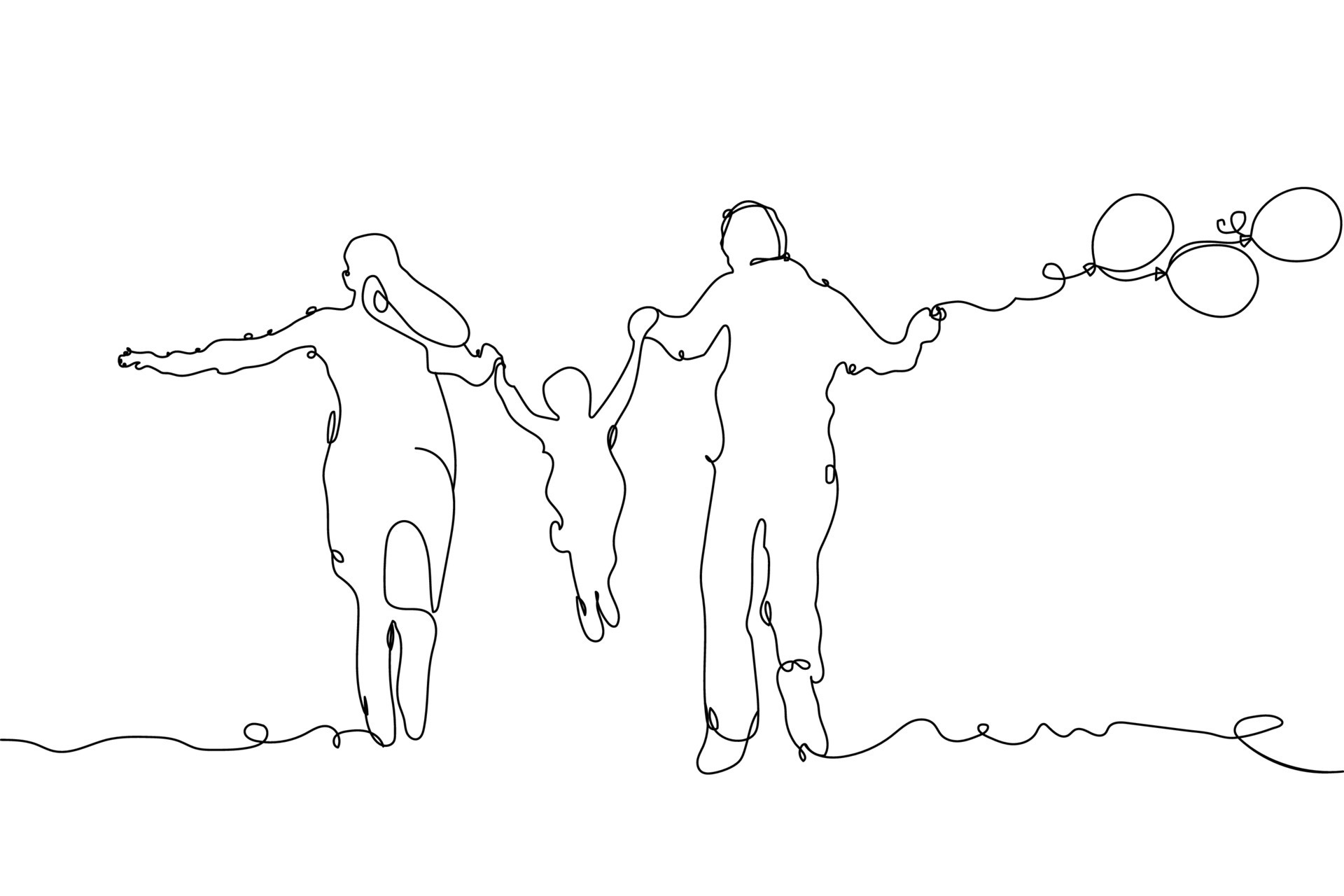 Continuous line art drawing mother father and child enjoy. Family  parenthood concept. Happy family line drawing. The fun family running line  art. Dad, Mom, and Baby flying balloons 23669438 Vector Art at