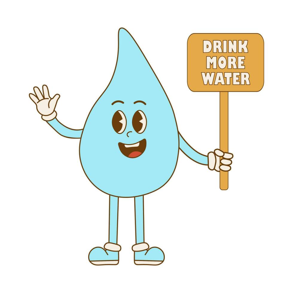 Concept drink more water. Cartoon cute drop water character in retro style. Zero waste vector