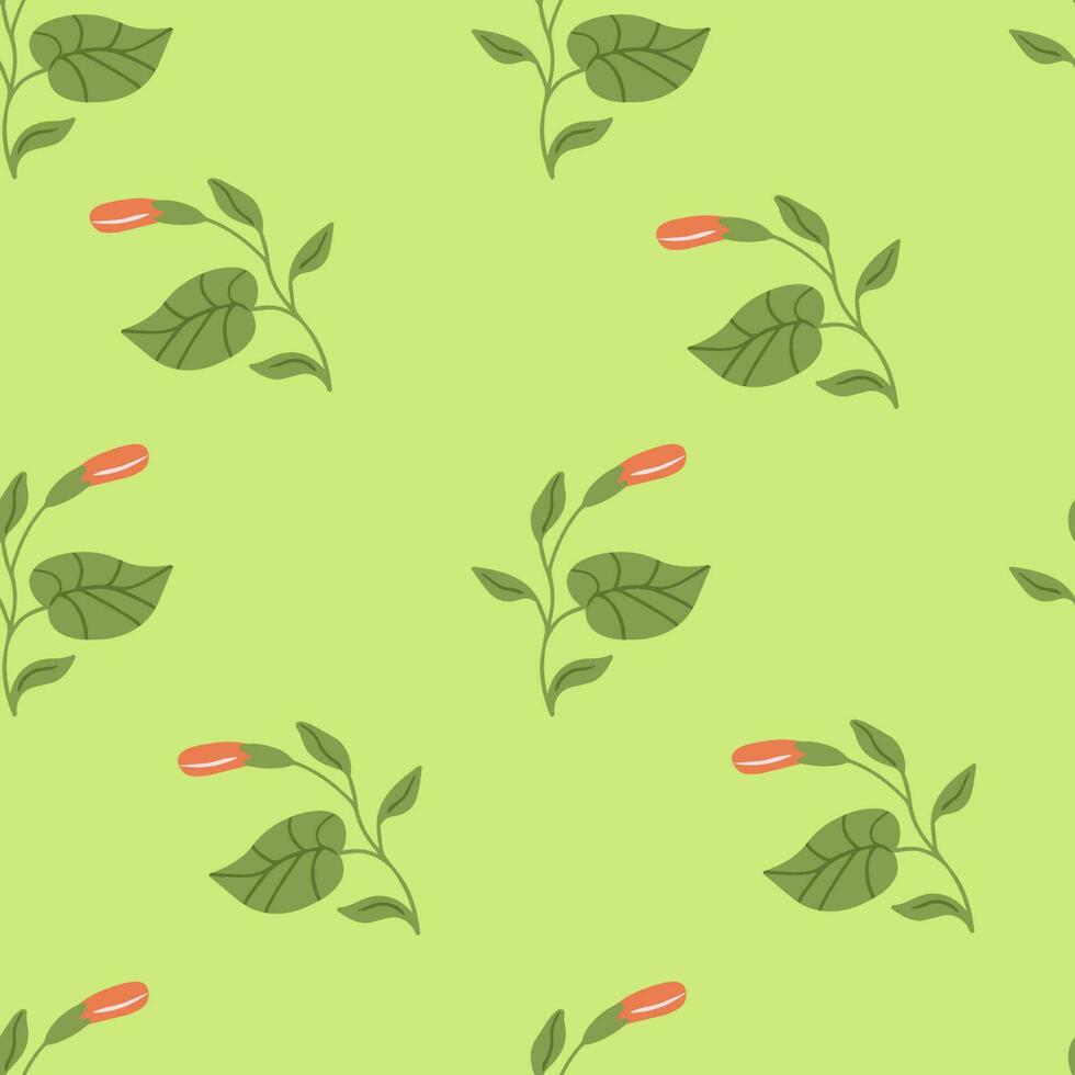 Seamless pattern with green leaves on green background. Hand drawn doodle texture for textile, wrapping paper vector