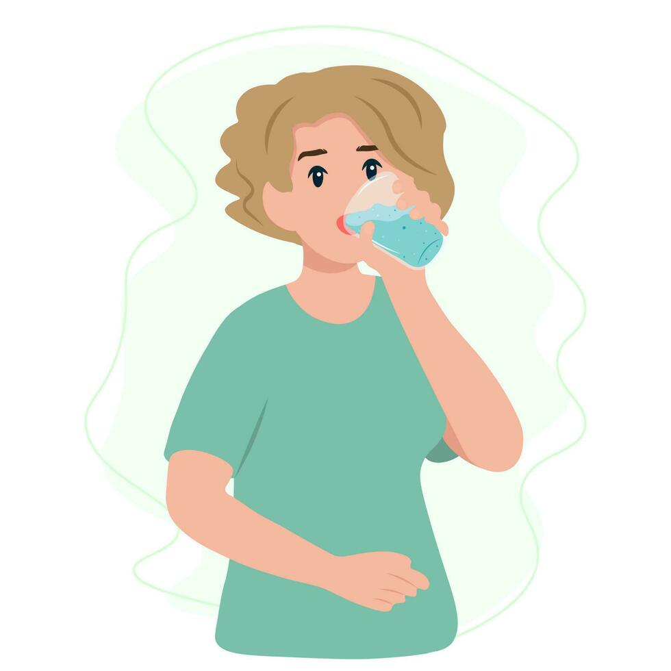 mujer Bebiendo un Fresco vaso de agua. sano y sostenible estilo de vida concepto vector