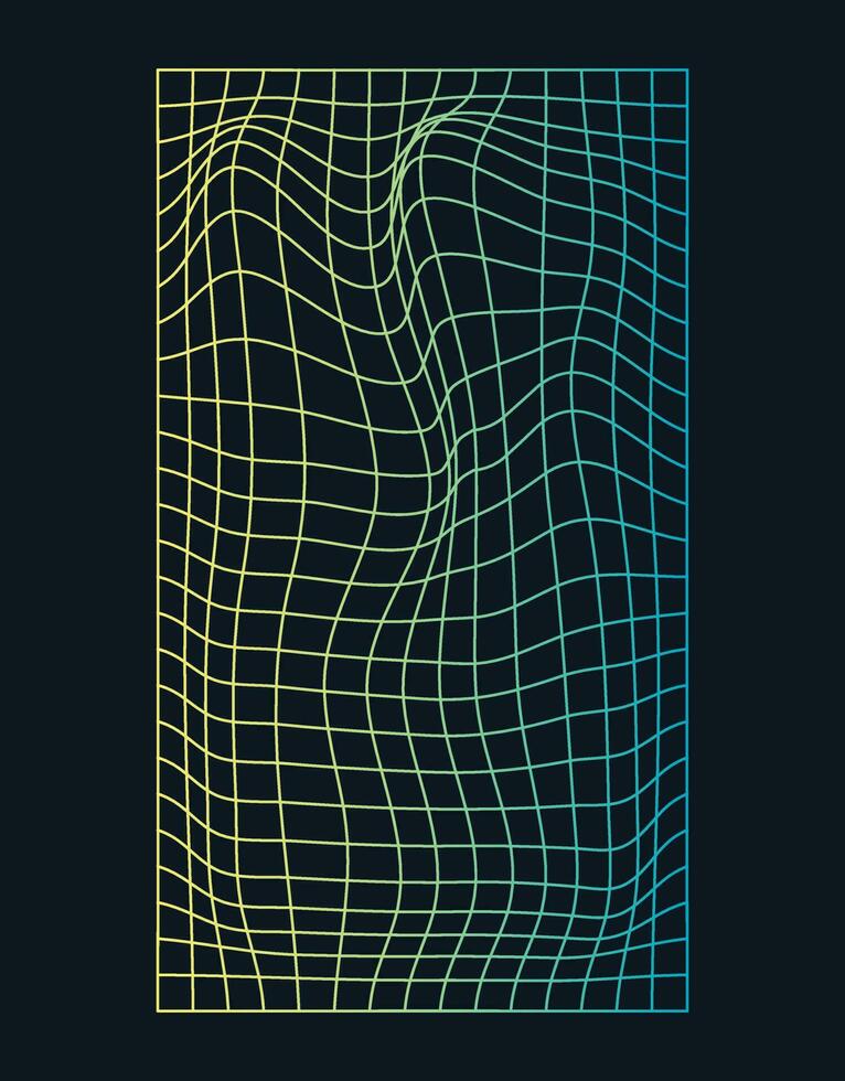 Distorted and warped neon laser grid on dark background. Retrowave, synthwave, rave, vaporwave.Trendy retro 1980s, 90s style vector