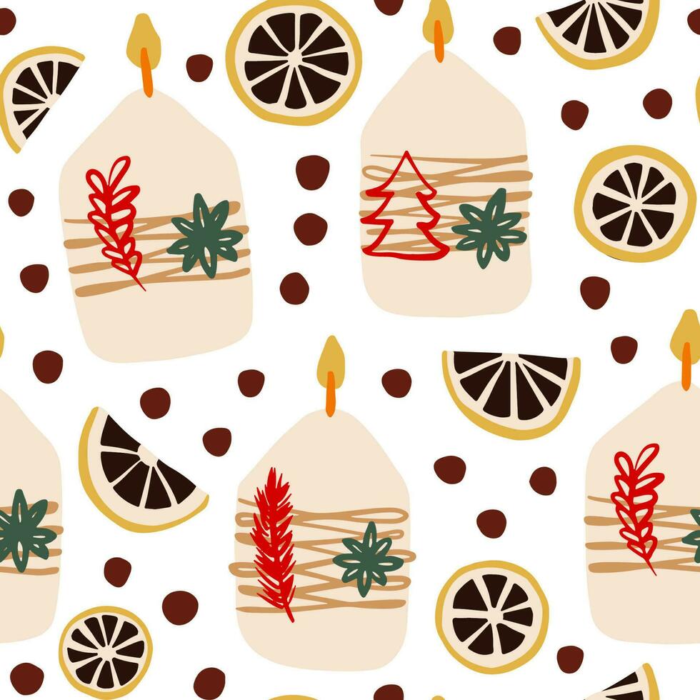 Candles and dried oranges Christmas seamless vector pattern. Hand drawn repeat pattern with winter motifs. Great as a background, wrapping paper, gift bag design.