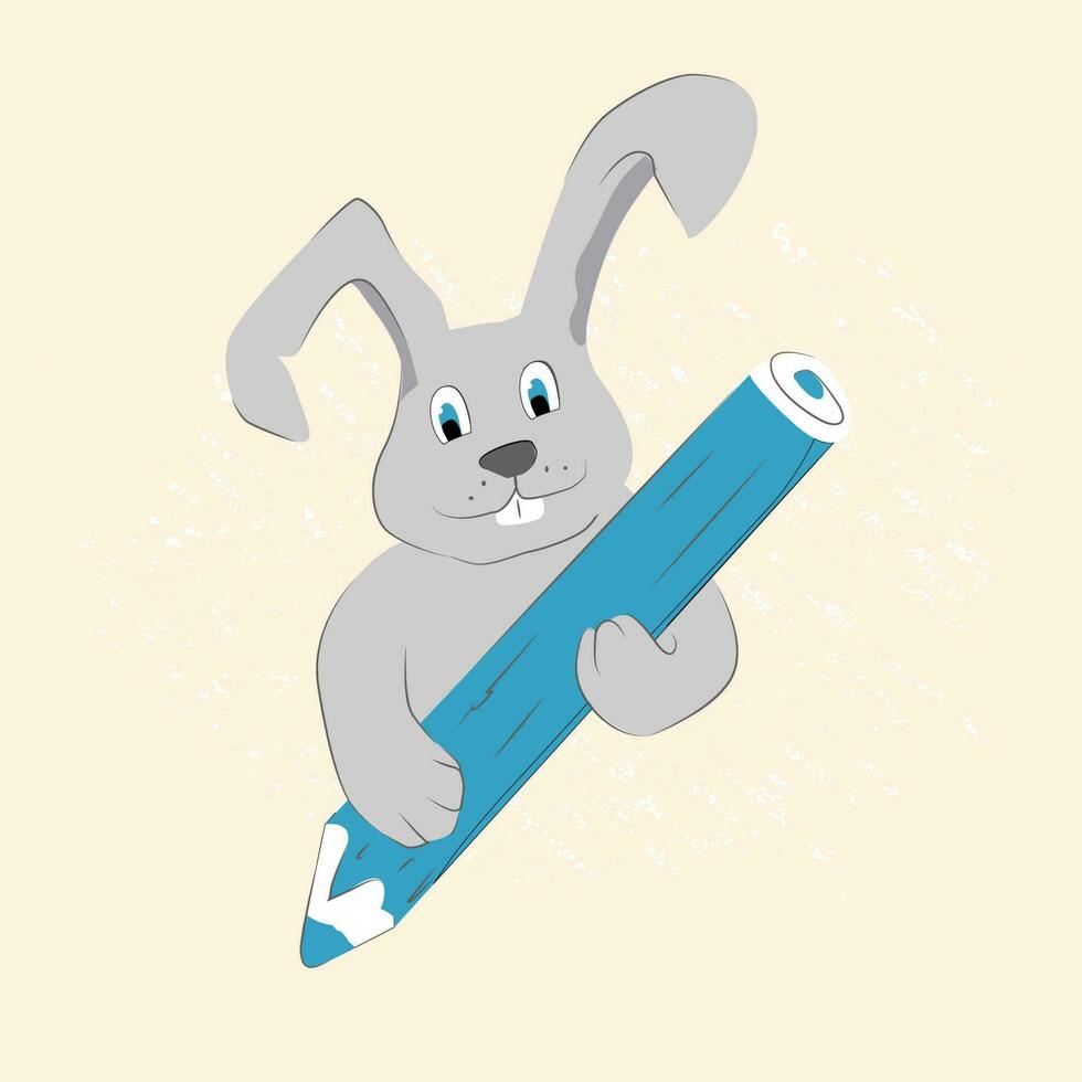 Cute rabbit student character.  Back to School. Children illustration. Winter holidays. A rabbit standing with a large pencil. Happy rabbit holding pencil.Vector illustration. vector