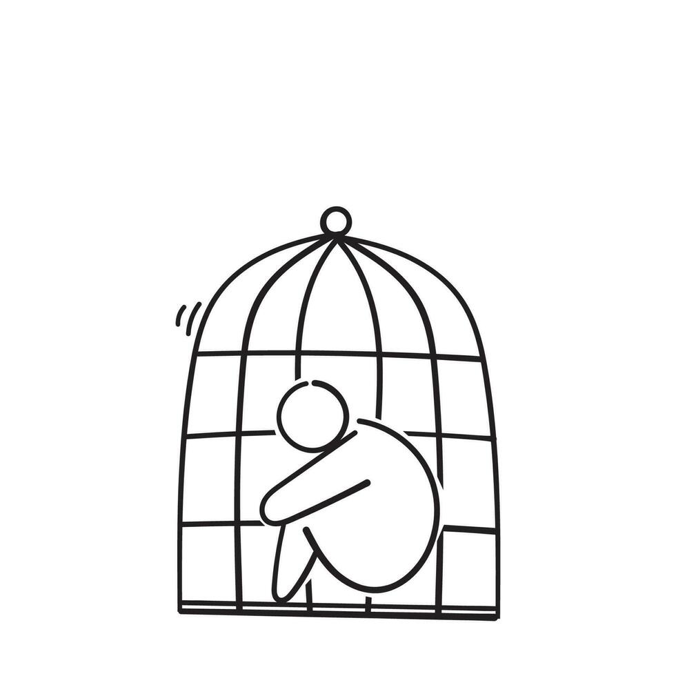 hand drawn doodle sad human in the cage icon illustration vector