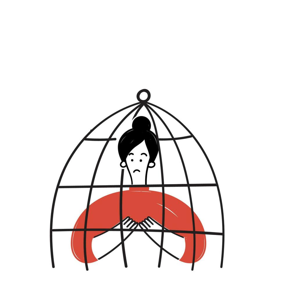 hand drawn doodle sad human in the cage icon illustration vector