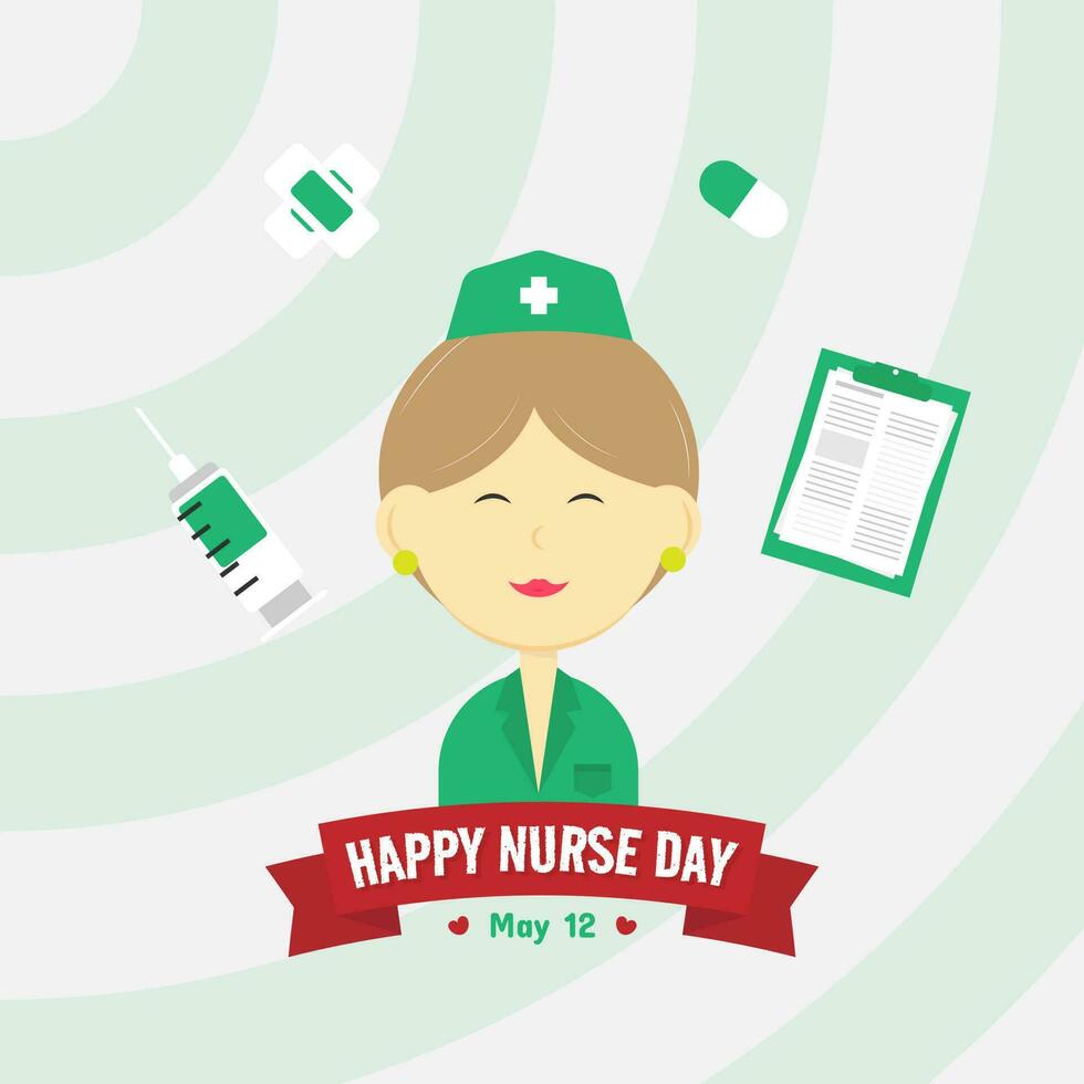 International Nurses Day greetings with a female nurse behind the ribbon and surrounded by medical instruments vector