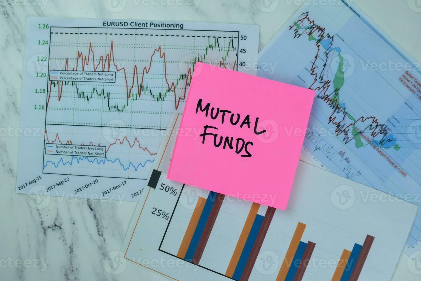 Concept of Mutual Funds write on sticky notes isolated on Wooden Table. photo