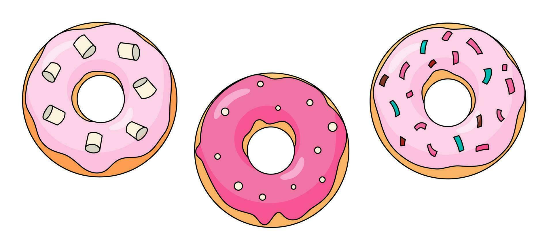 Pink Donuts set. Cartoon doughnut with colorful sprincles and marshmallows. Flat vector illustrations isolated on white background.