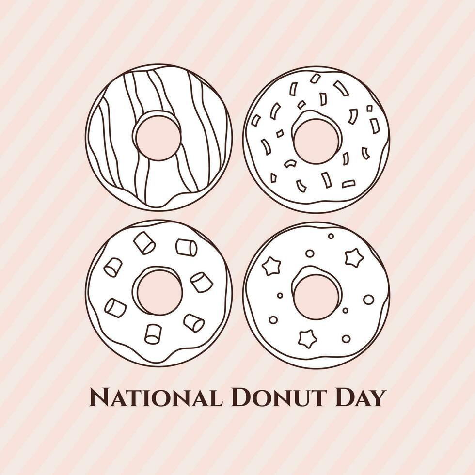 National donut day card or square banner minimal line design with text on pale pink background. Vector illustration.