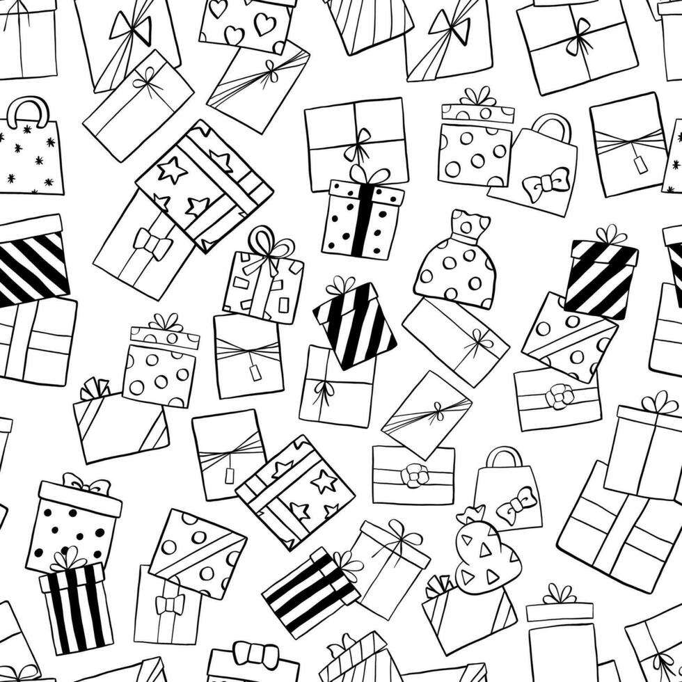 Black line doodle Gifts seamless pattern. Design for paper, covers, cards, fabrics, background and any. Vector illustration about Christmas or Birthday.