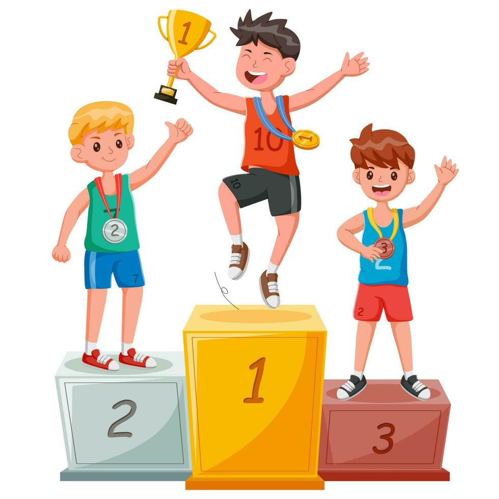 Three ranking winner kids standing on the winning podium holding up winning trophy. Vector illustration