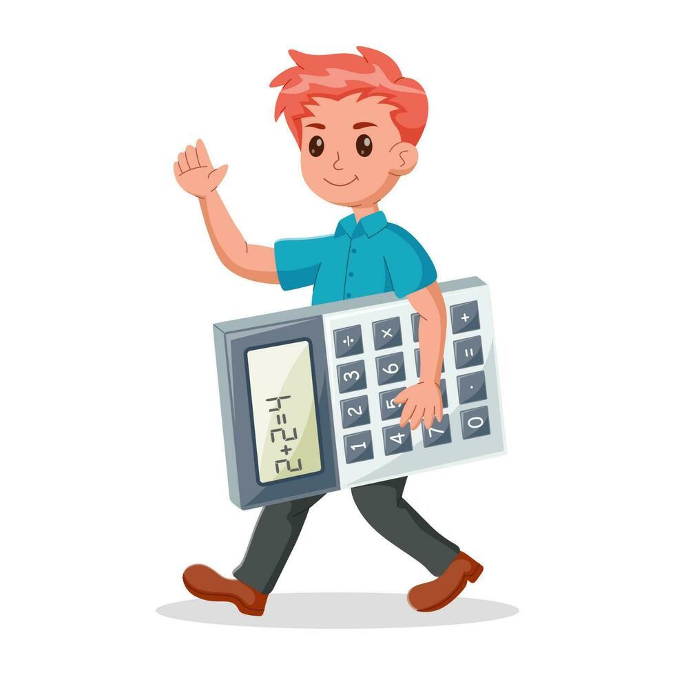 Cartoon cute boy carrying a calculator waving hand. Vector illustration ...