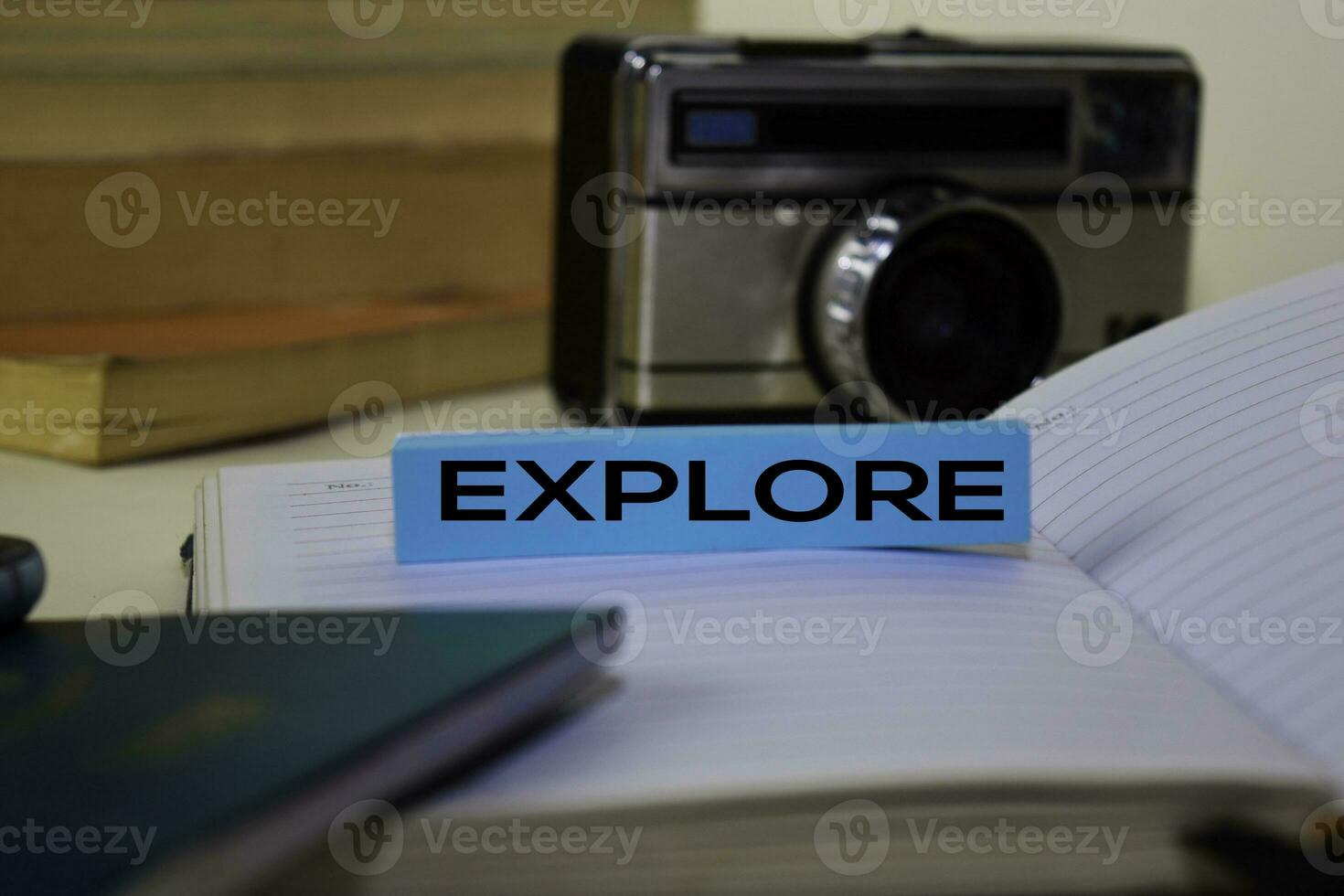 Explore text on sticky notes isolated on desk background photo