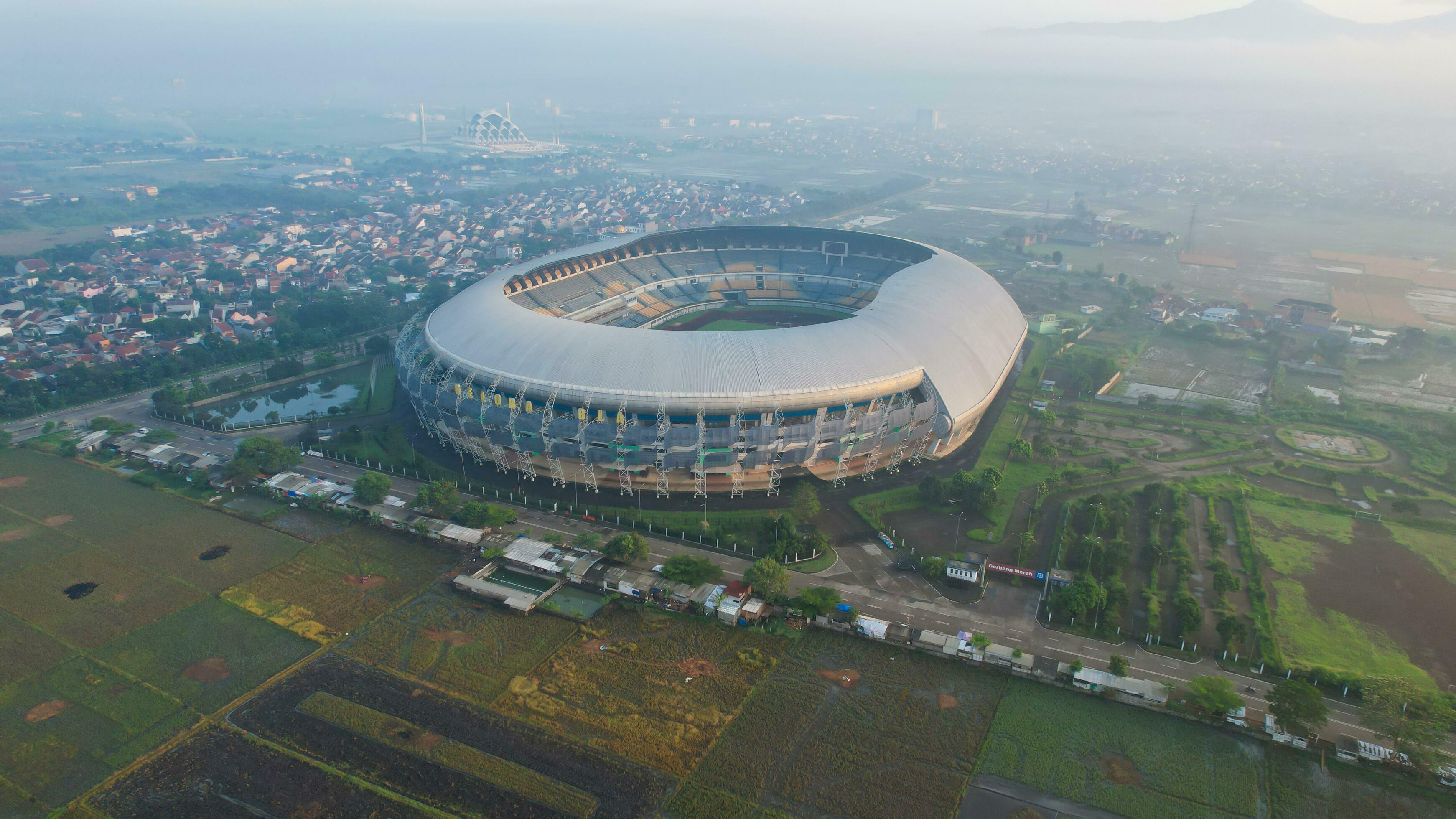 Aerial view of the Beautiful scenery Gelora Bandung Lautan Api Football or Soccer Stadium in the