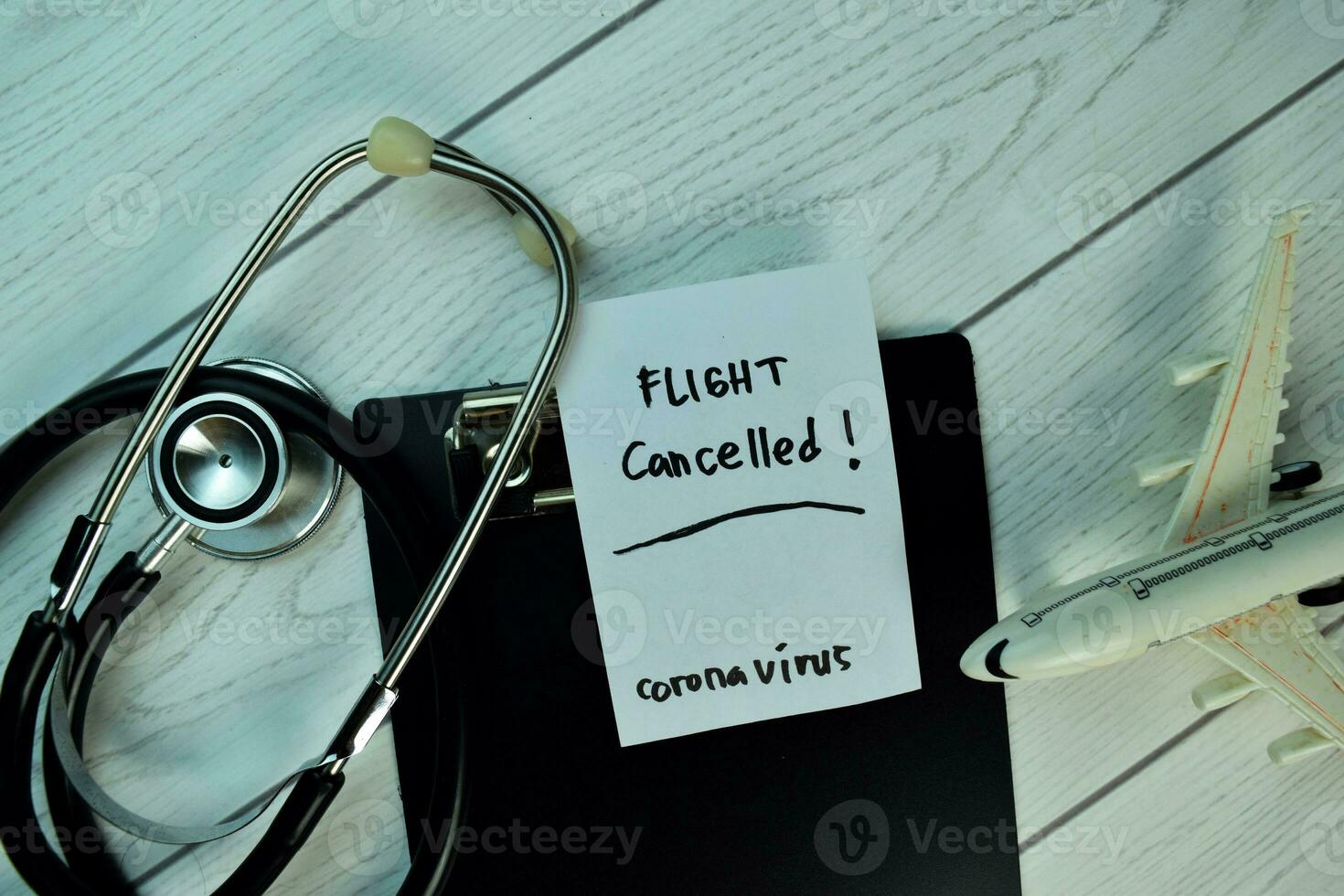 Flight Cancelled - Coronavirus write on sticky notes isolated on Wooden Table. photo