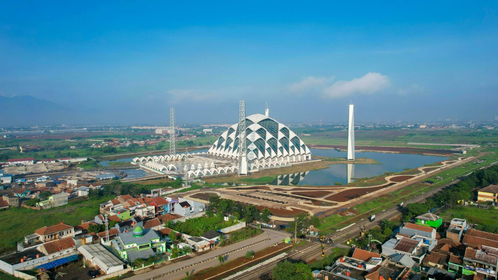Aerial view of the Beautiful scenery Al-Jabbar Bandung mosque building, a large mosque in the city of Bandung. Bandung, Indonesia, May 6, 2022 photo
