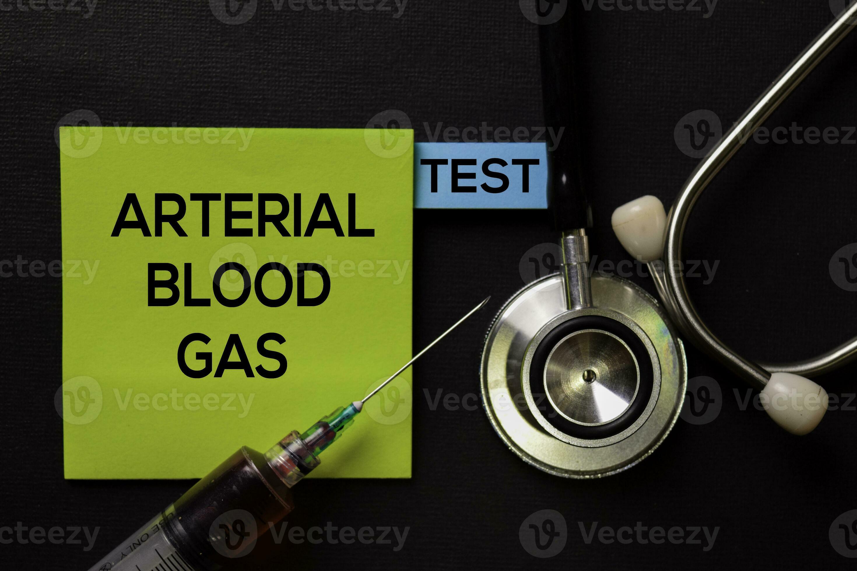 Arterial Blood Gas Test on top view black table with blood sample and