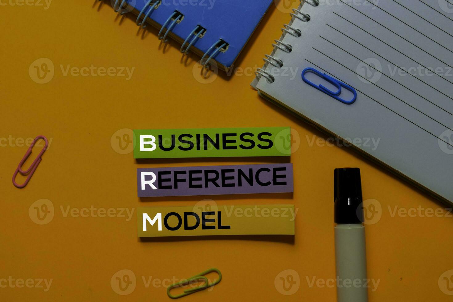 BRM. Business Reference Model acronym on sticky notes. Office desk background photo