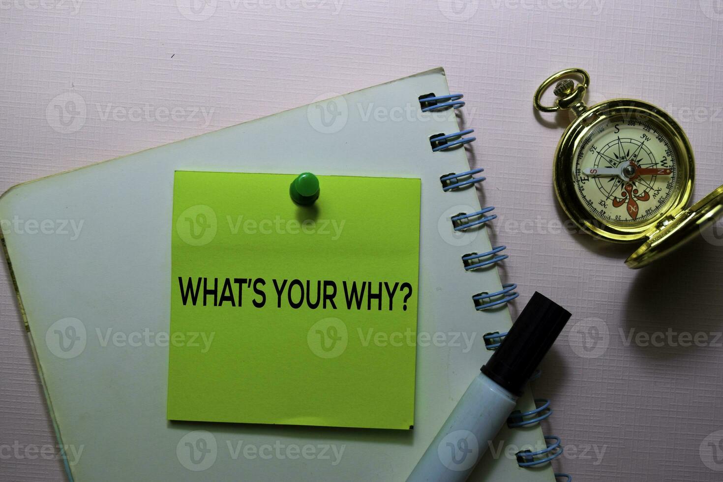 What's Your Why text on sticky notes isolated on office desk photo