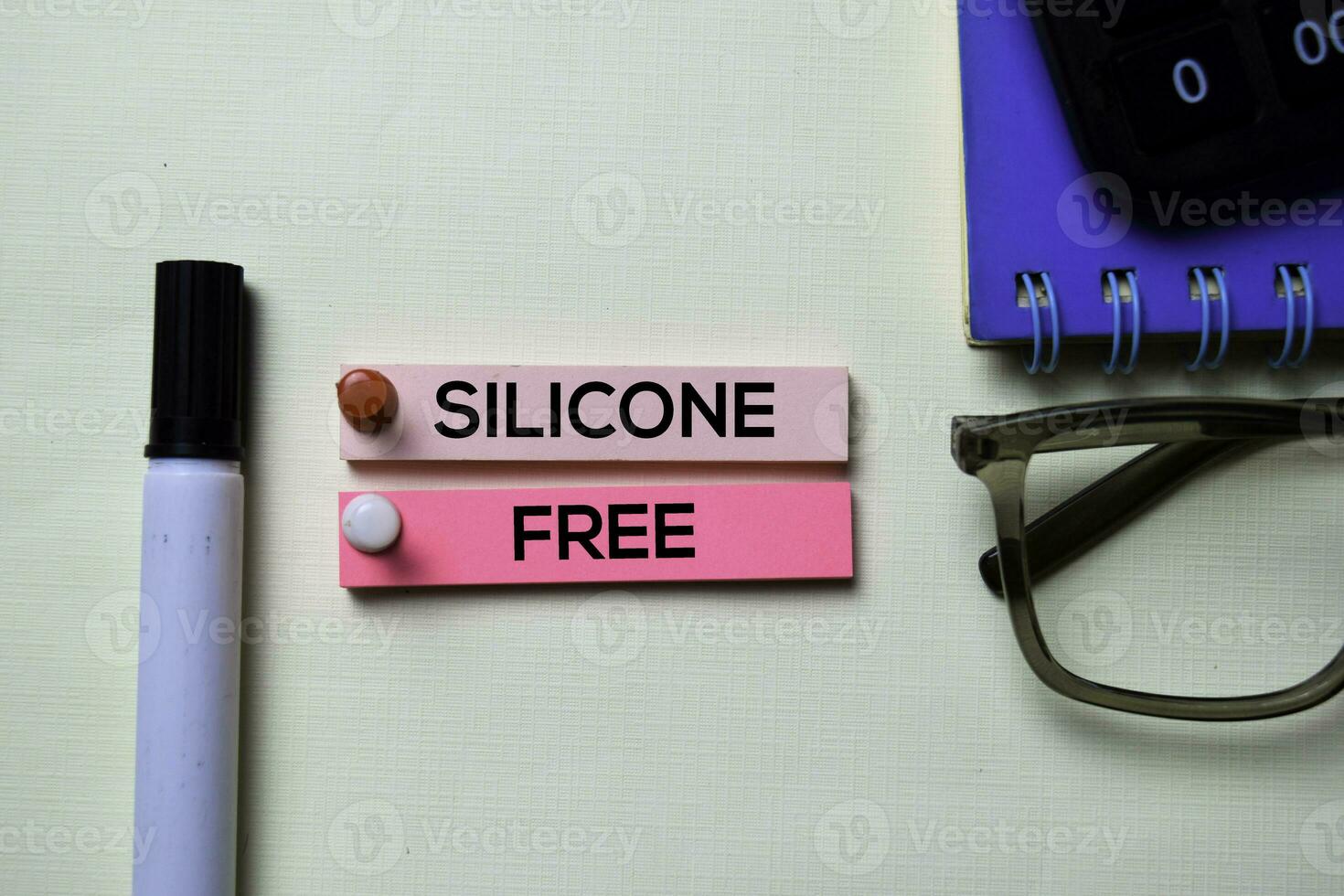 Silicone Free text on sticky notes isolated on office desk photo