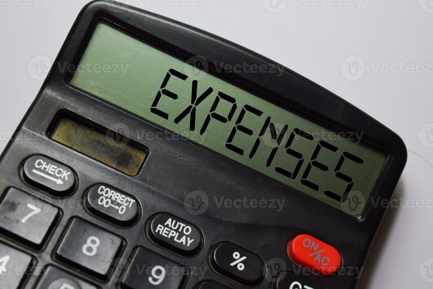 Expenses write on the calculator with white board background photo