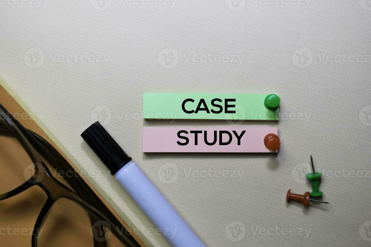 Case Study text on sticky notes isolated on office desk photo