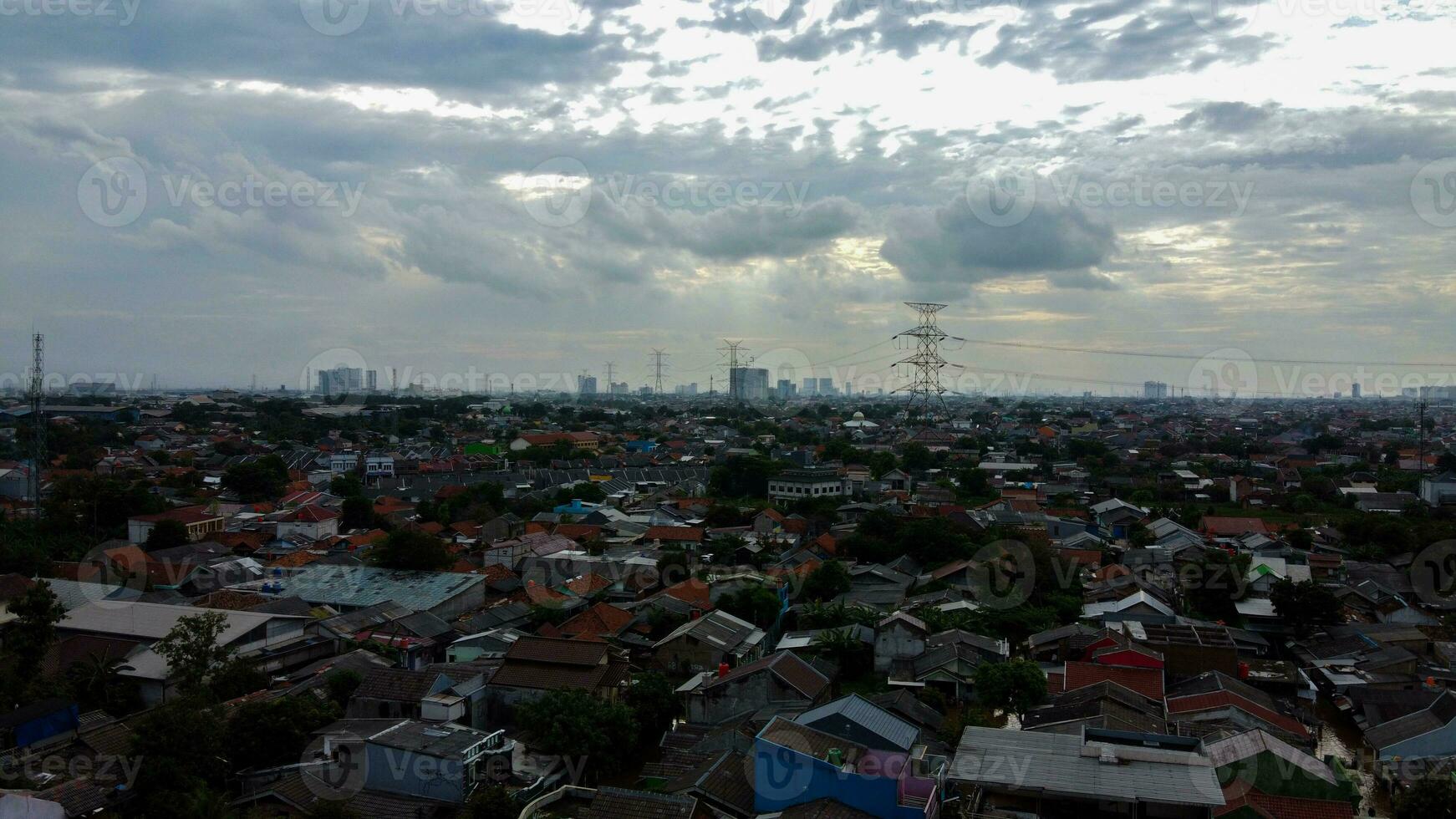 Aerial POV view Depiction of flooding. devastation wrought after massive natural disasters at Bekasi - Indonesia photo