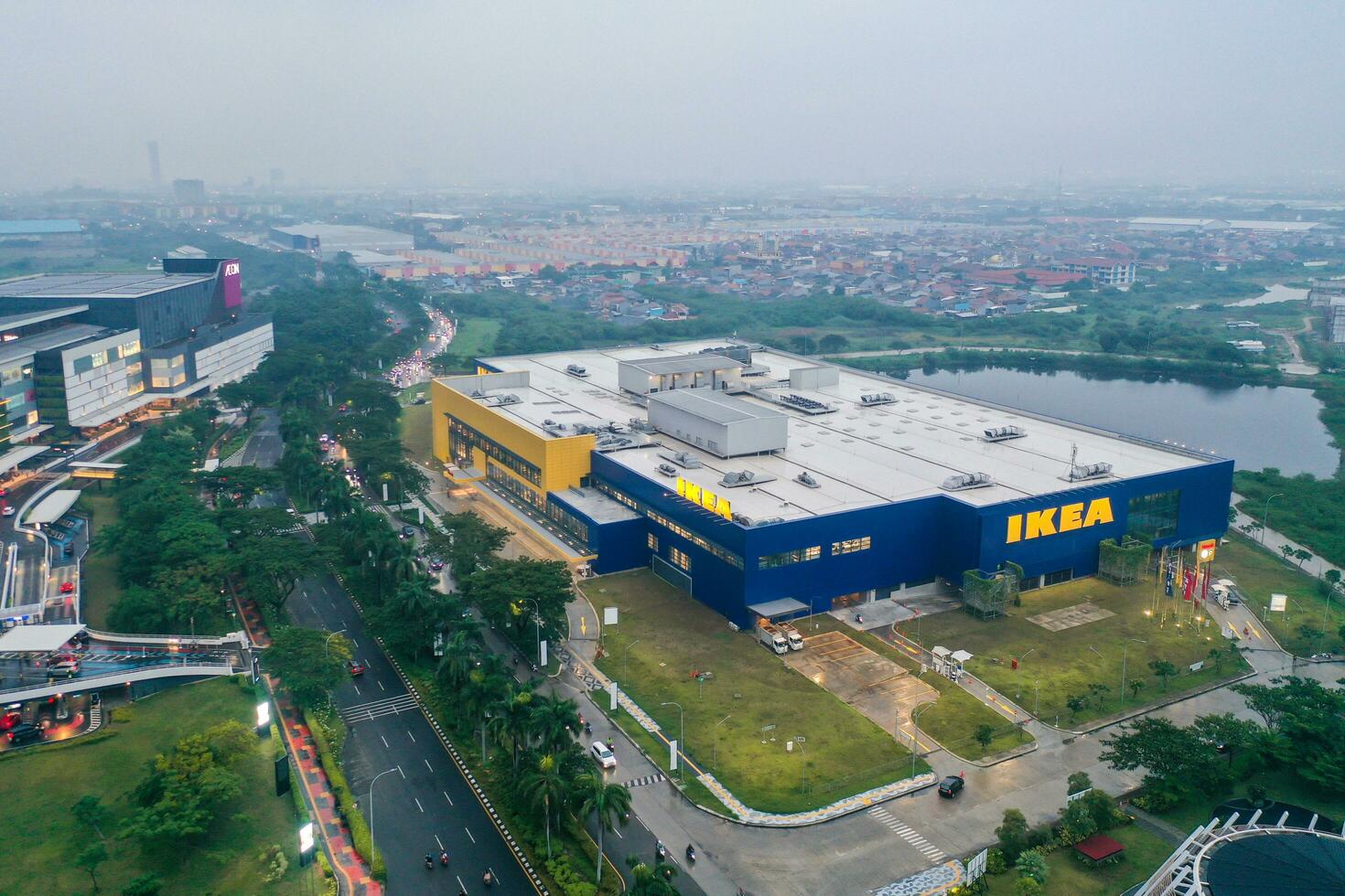 Aerial view of New IKEA Store Jakarta Garden City, AEON is a Largest retailer of ready-to-assemble or flat-pack furniture with noise cloud. Jakarta, January 23, 2023 photo