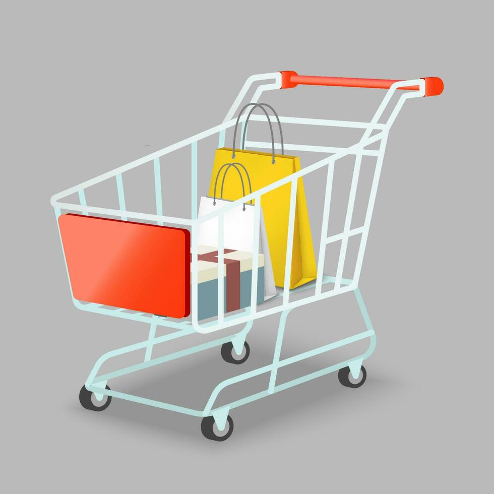 Shopping cart with bags and gift box. Vector 3d illustration