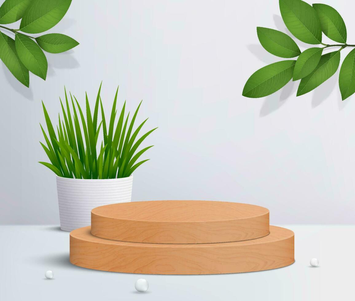 Abstract minimal scene with cylinder platforms. Wood round podium in white background for cosmetic product presentation. 3d geometric pedestal vector. vector