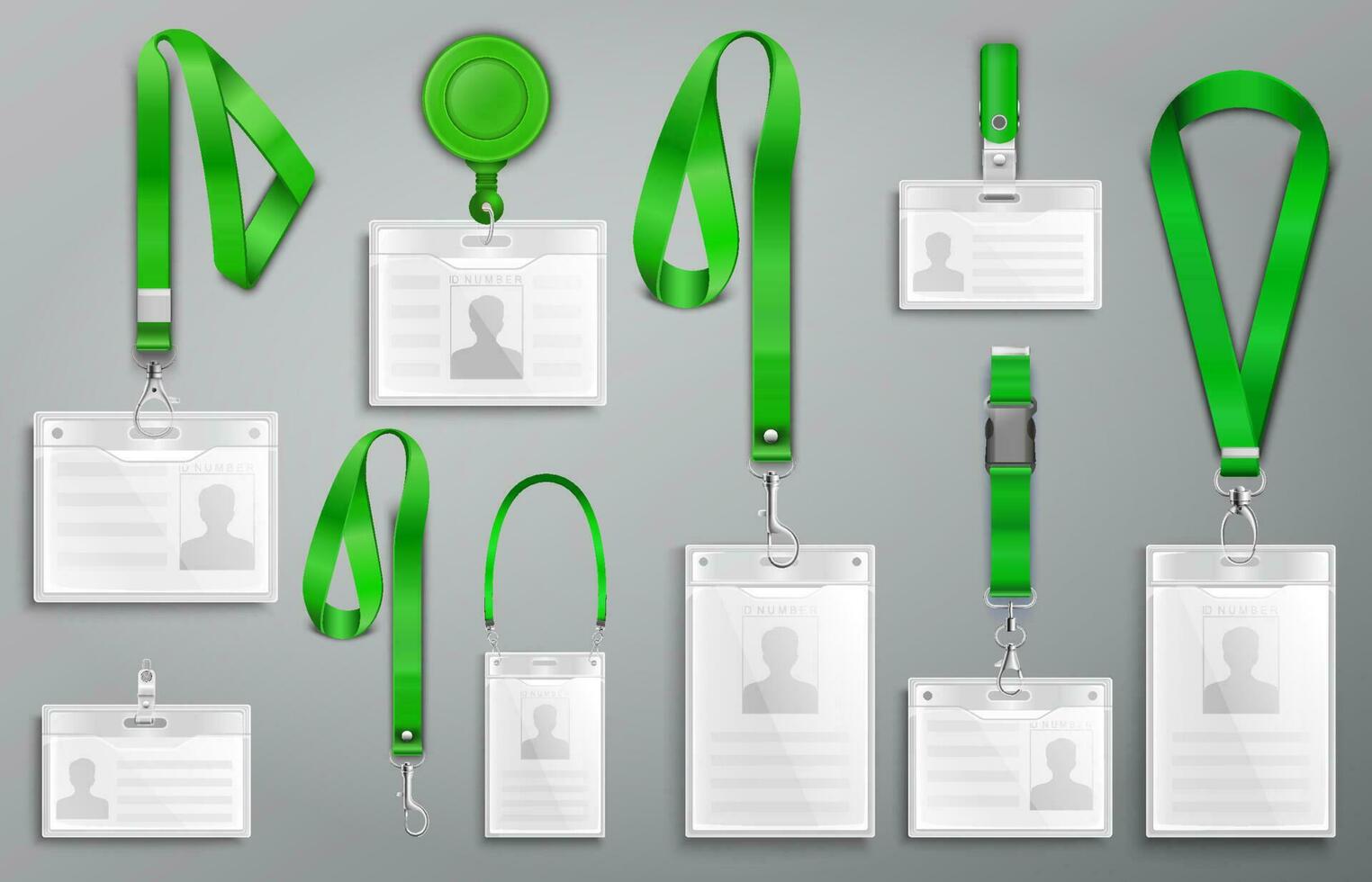 conjunto de realista insignias carné de identidad tarjetas en verde cordones con Correa clips, cable y cierres vector ilustración