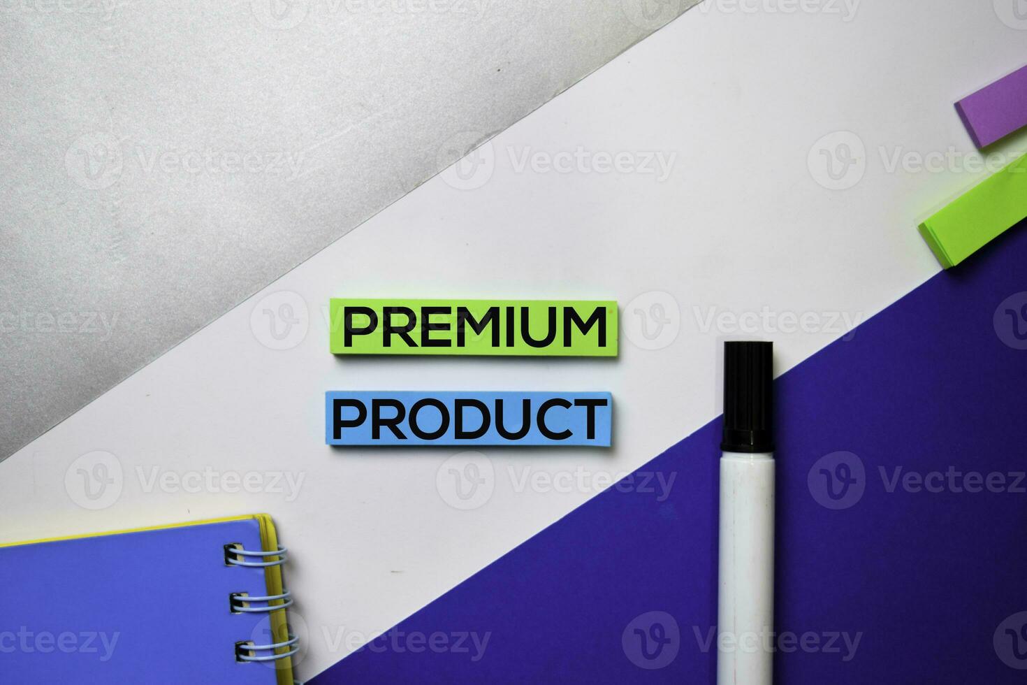 Premium Product text on sticky notes with color office desk concept photo