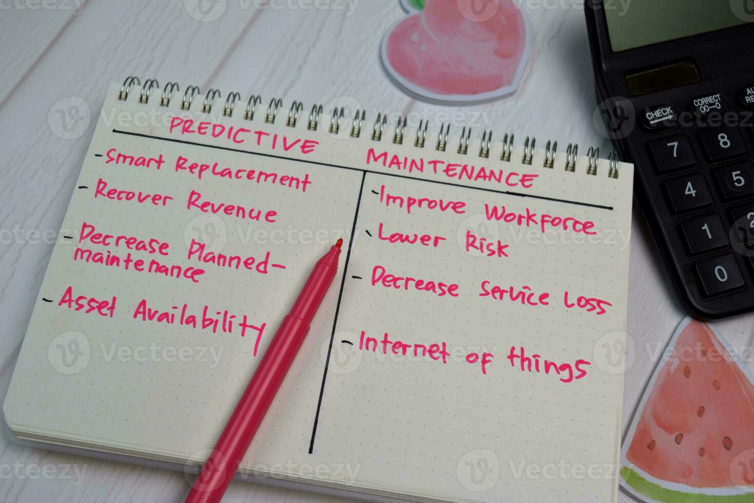 Predictive Maintenan write on a book with keywords isolated wooden table.Predictive Maintenance write on a book with keywords isolated wooden table. photo