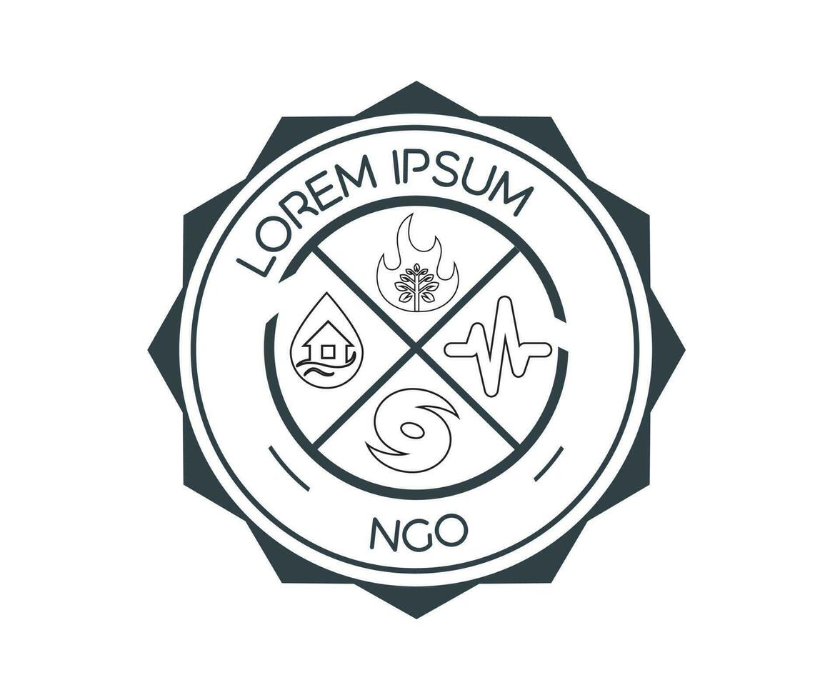 Various natural disaster management icon based logo vector illustration with dummy text and white background, for NGO or non-governmental organization industry.