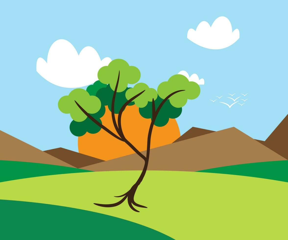 Beautiful nature landscape vector background illustration with tree, green land, hills and sky.