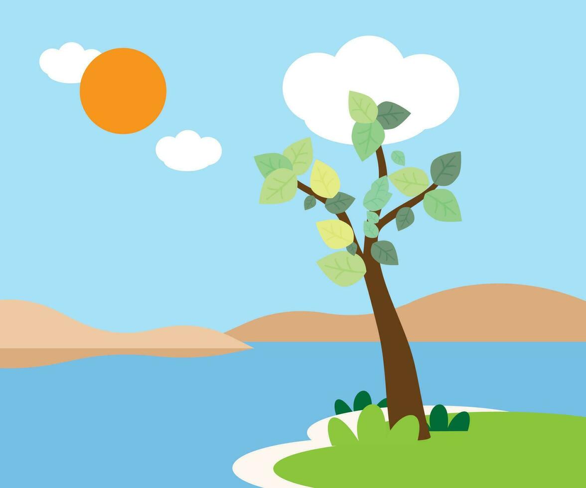 hermosa naturaleza paisaje vector antecedentes ilustración con árbol, agua cuerpo, colinas y cielo.