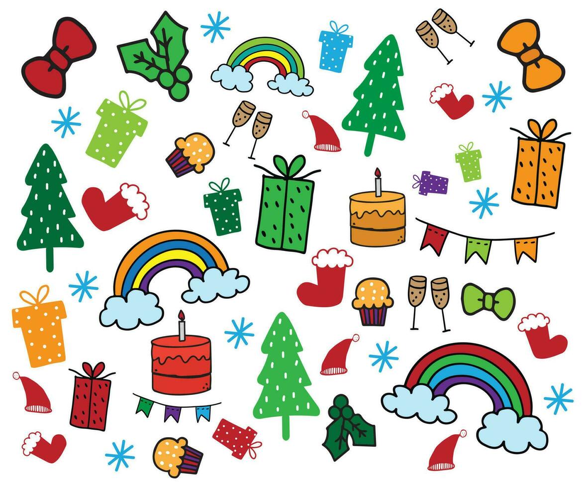 Colorful Christmas pattern vector illustration with rainbow, cakes, trees, gift boxes and other ornaments.