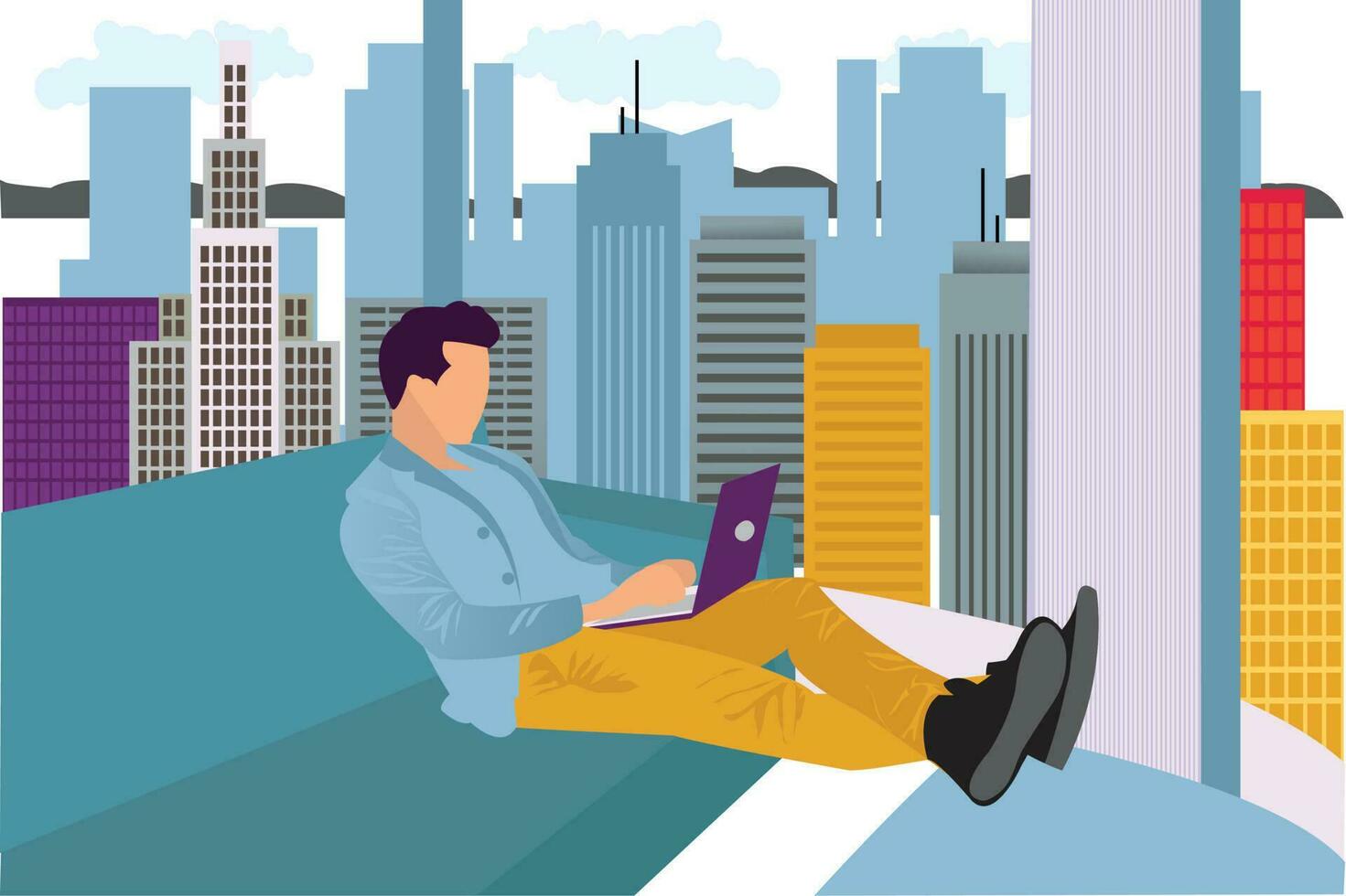 Man working inside room on laptop sitting on sofa, work from home theme vector illustration.