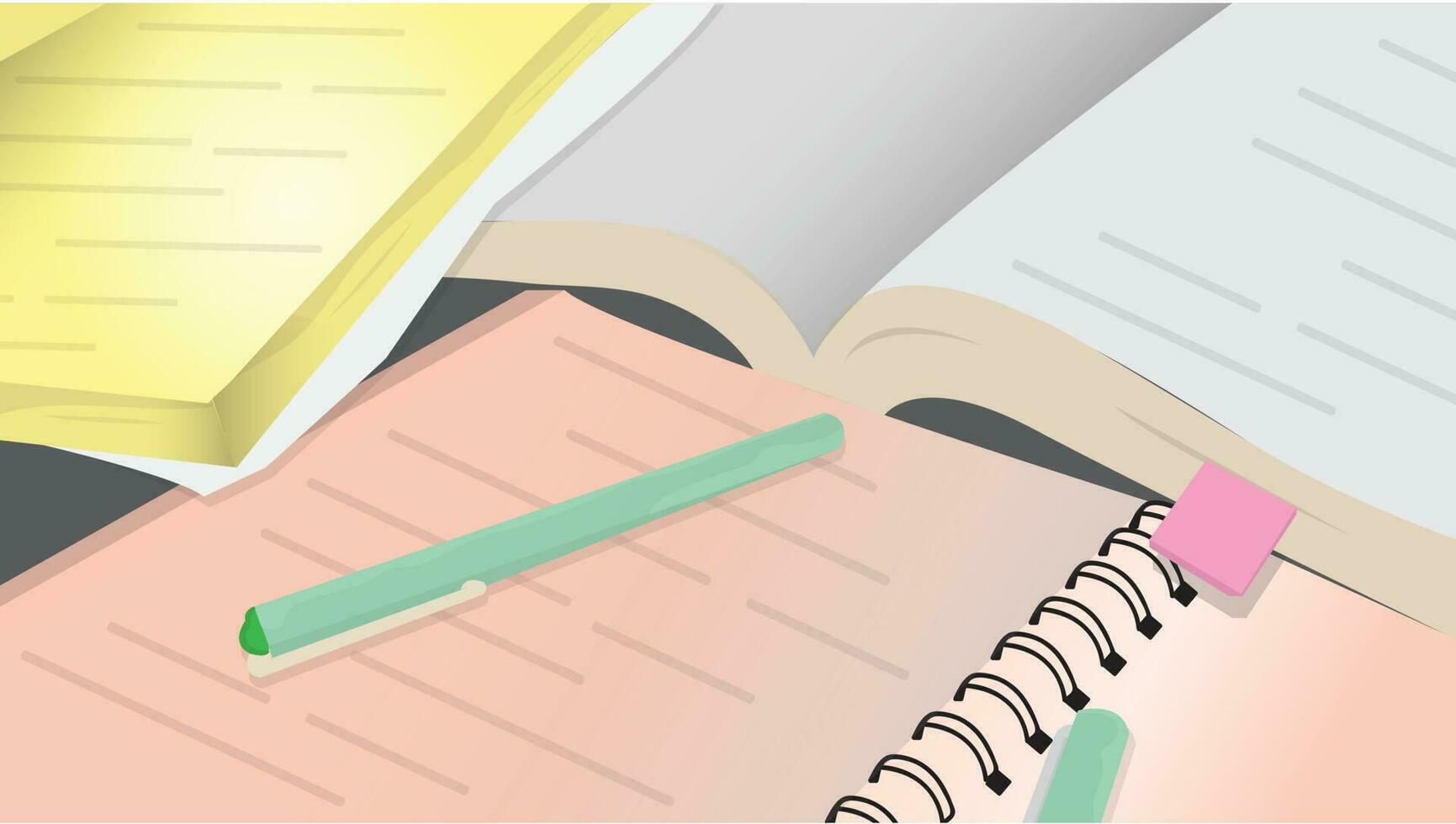 Cropped and partial view of notebook and pens and books. Education and study theme vector illustration background.