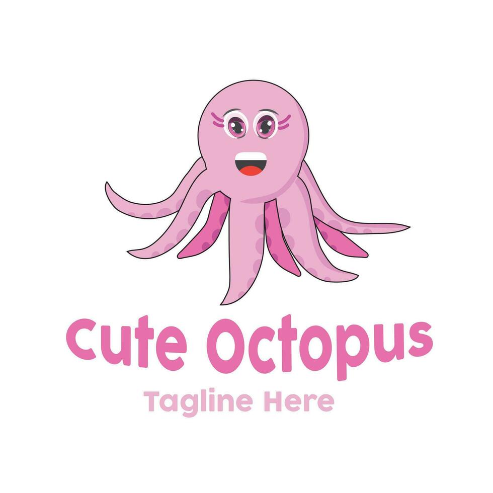 Cute pink Octopus logo mascot vector illustration design with dummy text on white background. Best suited for kid's logo or Kindergarten Logo.