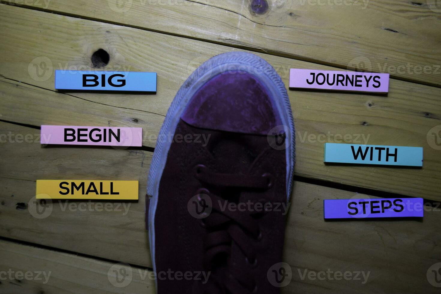 Big Journeys Begin With Small Steps text with sneaker on sticky Notes isolated on table desk background photo