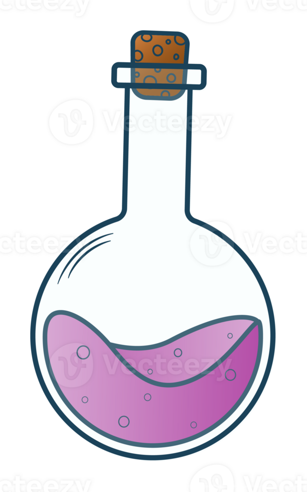 Illustration of a purple magic potion in a round glass bottle. cartoon style png
