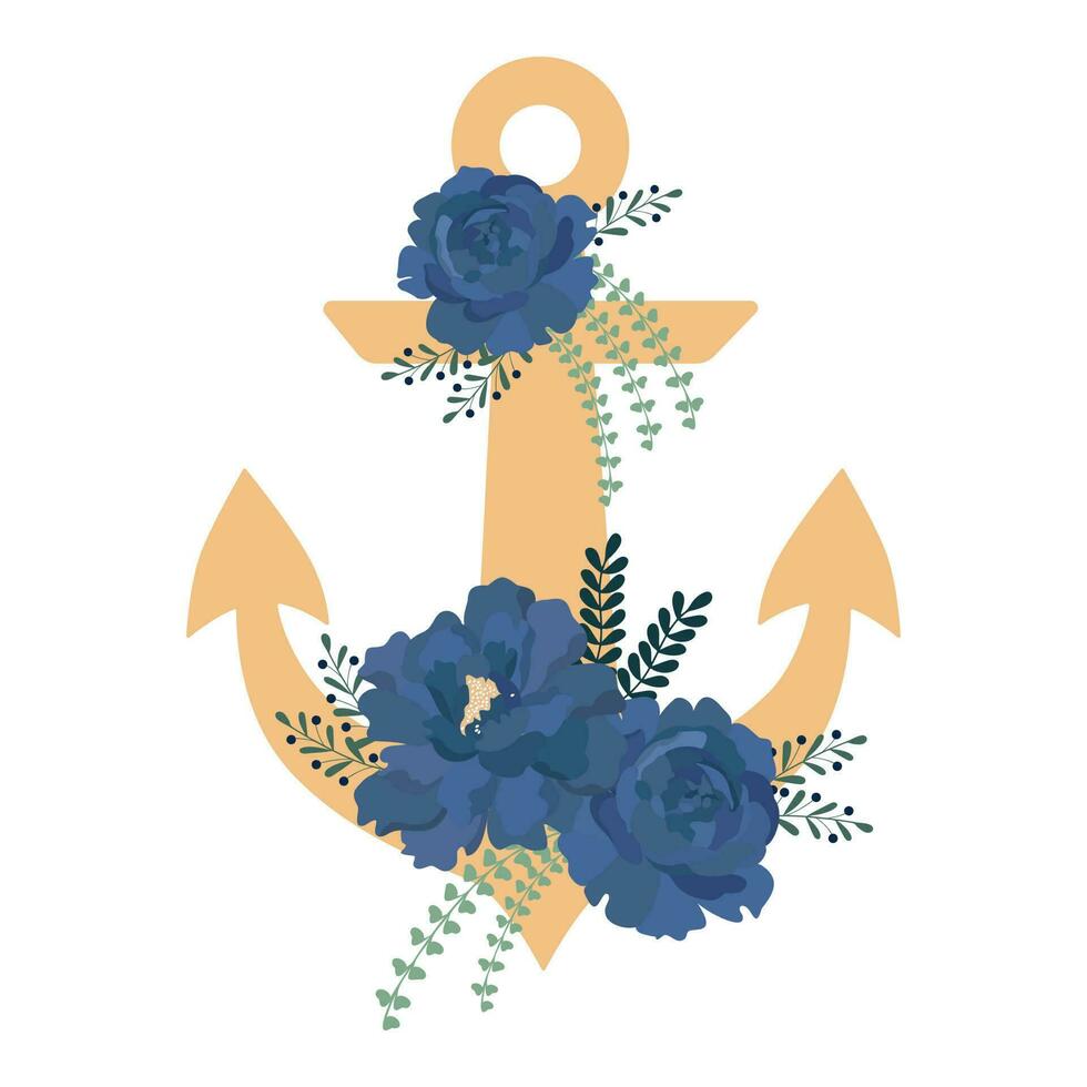 Anchor with blue peony flowers vector