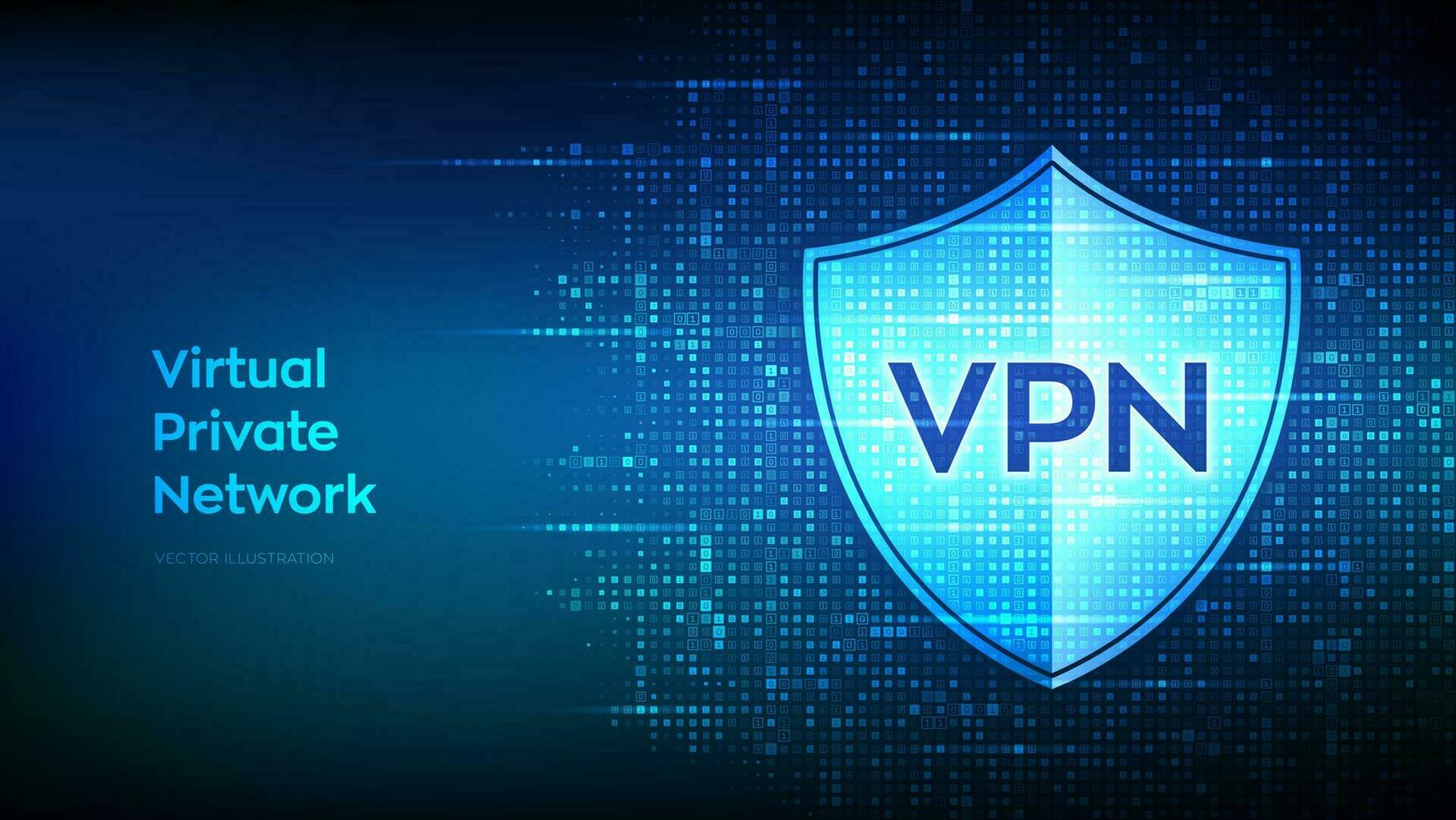 VPN. Virtual private network icon made with binary code. Data encryption, IP substitute. Secure VPN connection. Cyber security and privacy. Matrix background with digits 1.0. Vector Illustration.