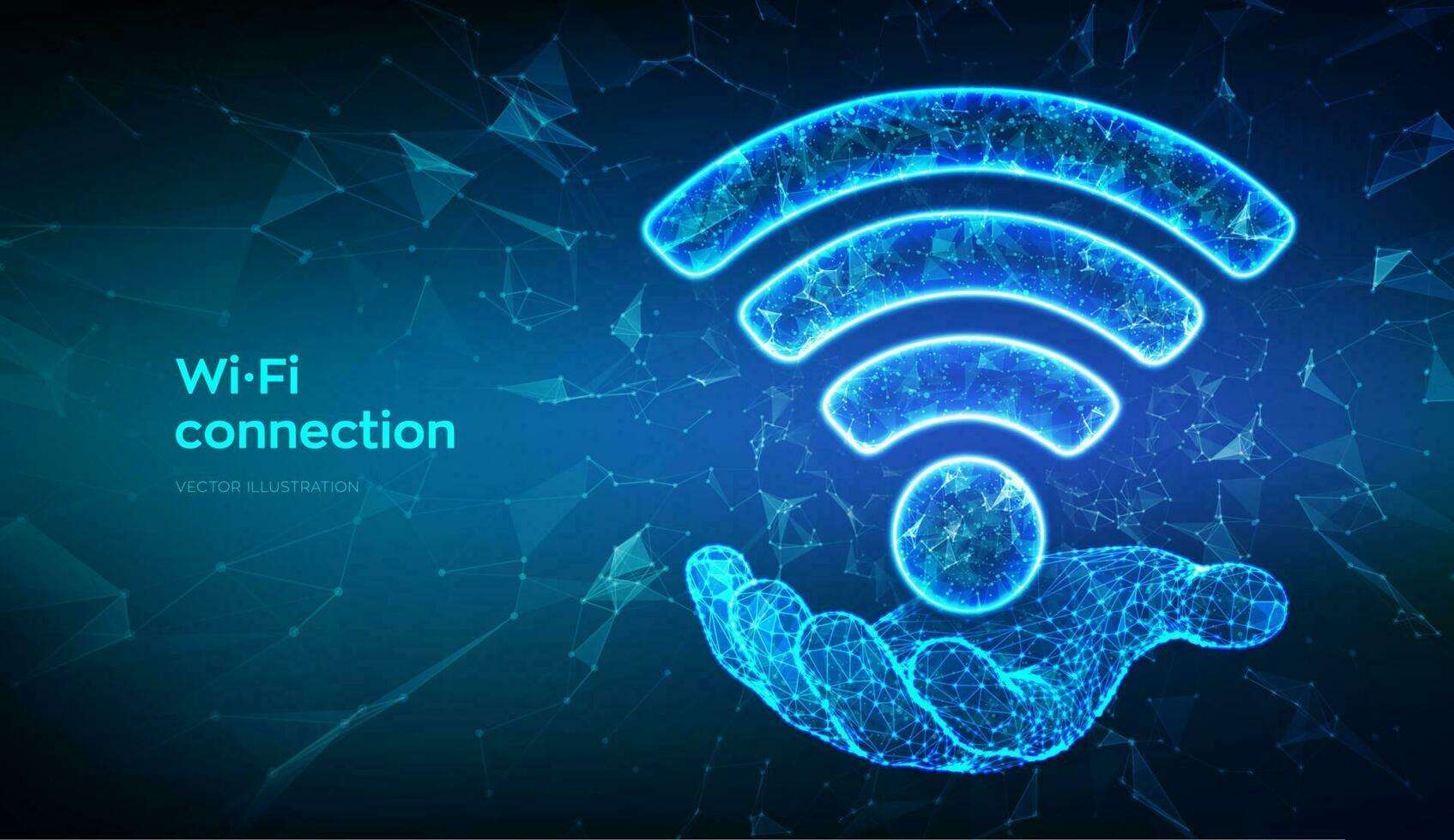 Wi-Fi network icon. Low poly abstract Wi Fi sign in hand. Wlan access, wireless hotspot signal symbol. Mobile connection zone. Router or mobile transmission. Polygonal vector illustration.